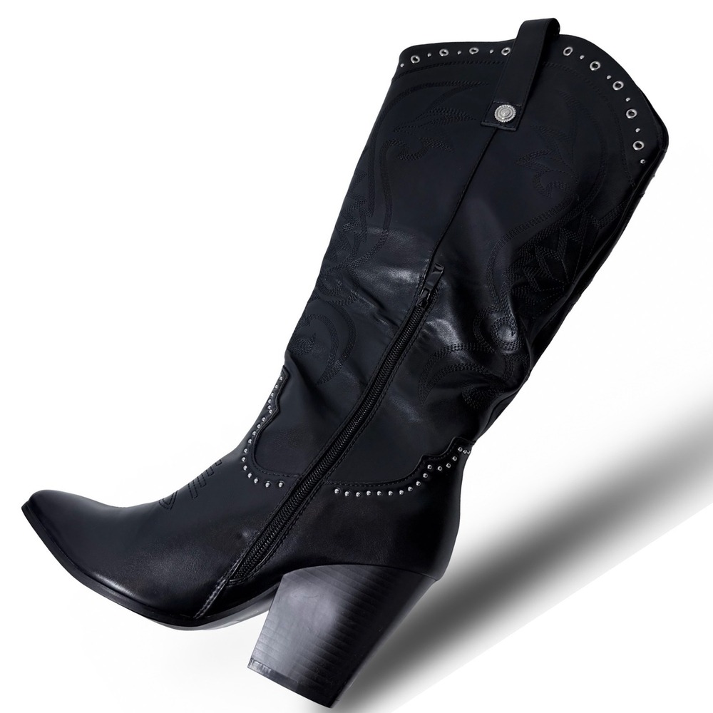 Fashion Womens Black Embroidered Studded Cowboy Western Boots Size 41 US 9 NEW - Picture 9 of 16